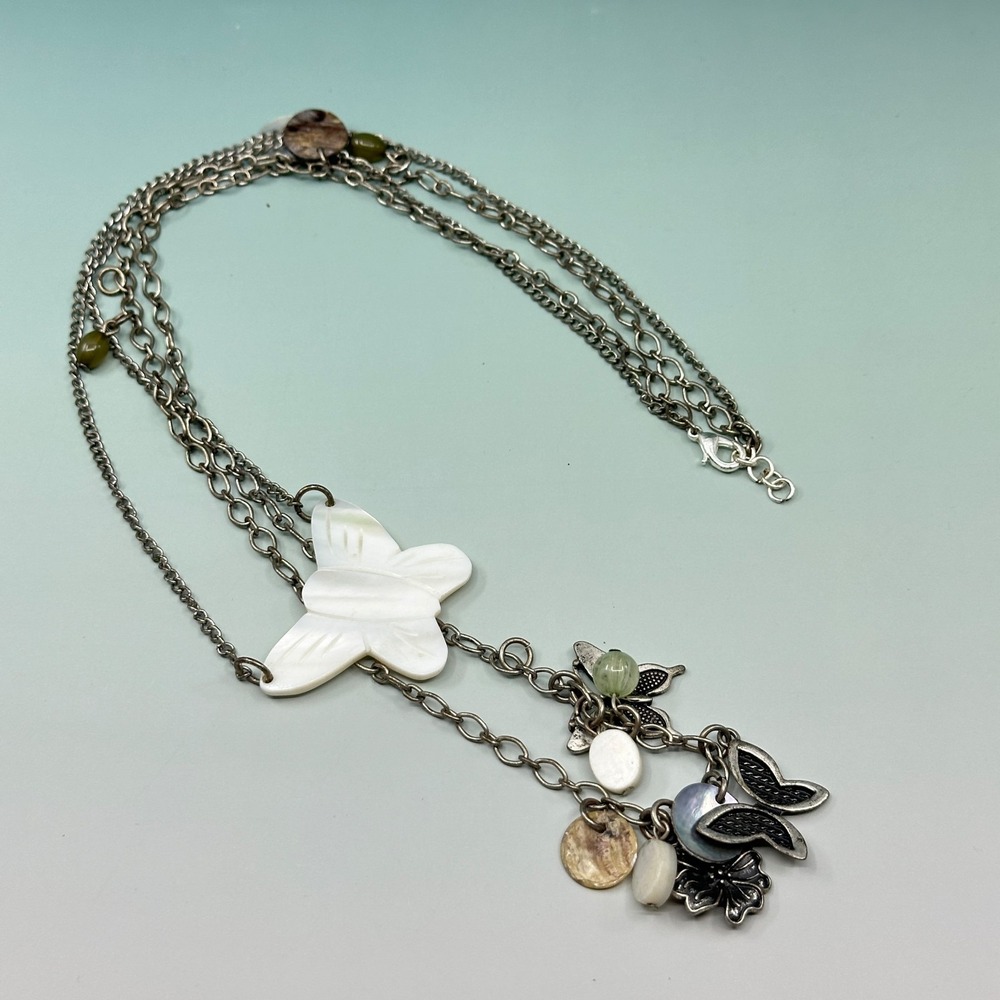 Carved Shell Butterfly Necklace Silver Tone Layered Charms Boho Cottagecore Gift